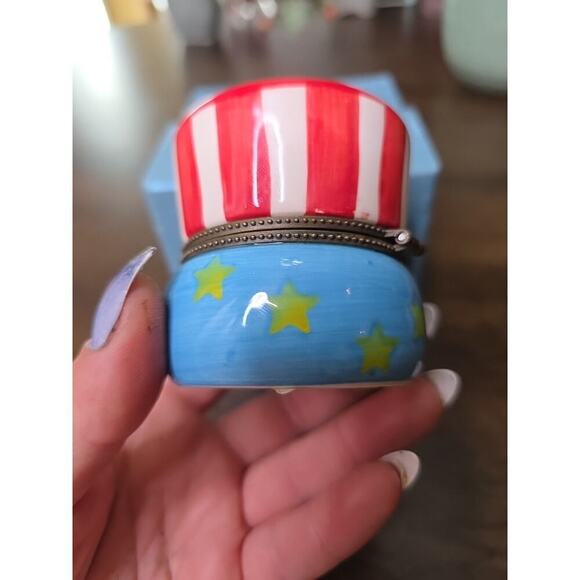 Vintage Uncle Sam USA Flag Top Hat Porcelain Hinged Trinket Box W/Star Trinket. - Picture 15 of 16